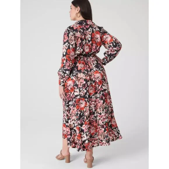 Lane Bryant Blouson-Sleeve Shawl-Collar Faux-Wrap Midi Dress Ikat Floral NWT 18 - Picture 7 of 8